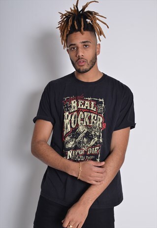 VINTAGE HEAVY METAL BIKER GRAPHIC PRINT T-SHIRT BLACK