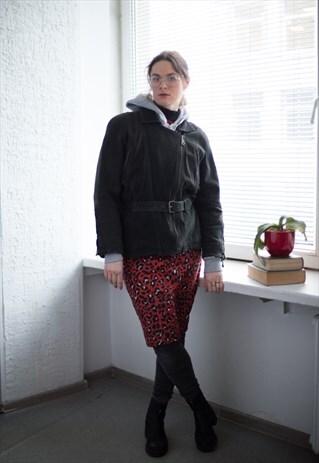 VINTAGE 80'S BLACK SOFT SUEDE AVIATOR STYLE BELTED JACKET