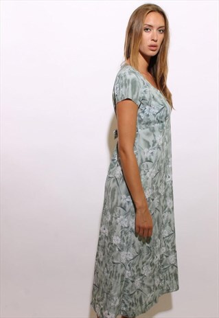 VINTAGE 1990'S 90'S PALE GREEN WATERCOLOR FLORAL DRESS M-L