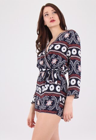 NAVY PRINTED V NECK WRAP PLAYSUIT