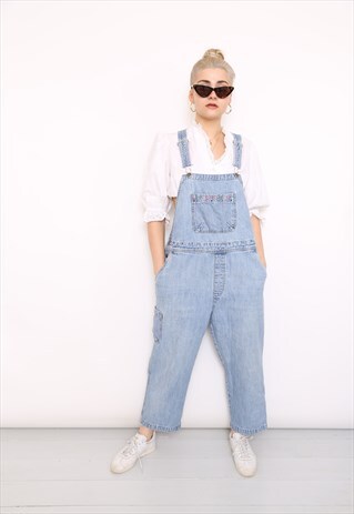 VINTAGE 90S BLUE DENIM FLORAL EMBROIDERED DUNGAREES