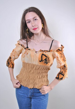 80S OFF THE SHOULDER BROWN PATTERN RUFFLE WOMEN BLOUSE