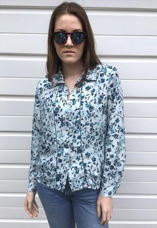 WOMENS VINTAGE 80S BLOUSE BLUE FLORAL BOHO LONG SLEEVE SHIRT