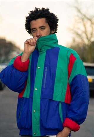VINTAGE PUFFER JACKET IN TURQUOISE, RED AND BLUE