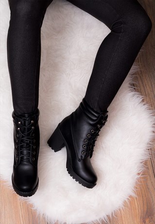 TAKE KUDOS LACE UP HEEL ANKLE BOOTS - BLACK LEATHER STYLE