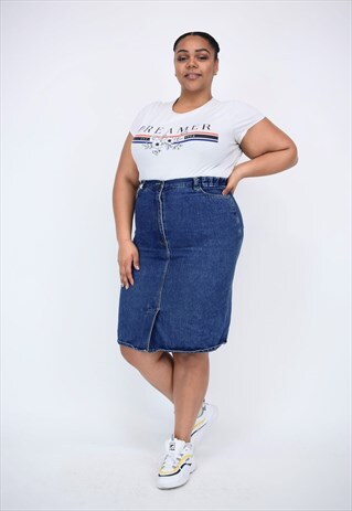 VINTAGE 90'S DENIM MIDI SKIRT WITH ELASTICATED WAIST