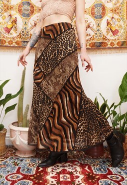 Vintage Y2K Animal Print Micro Mesh Maxi Skirt in Brown