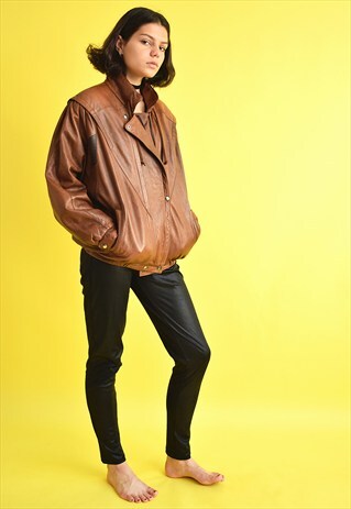 80'S RETRO BROWN REAL LEATHER OVERSIZED BOMBER JACKET
