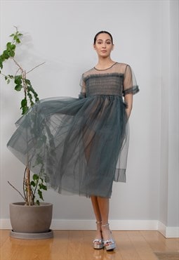 Grey Tulle See Through Party Dress