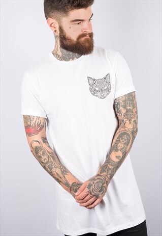 CAT MANDALA WHITE LONG LINE T-SHIRT