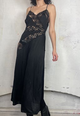 90s black maxi slip dress with sheer lace 