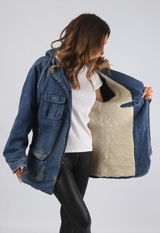 VINTAGE SHERPA LINED DENIM JACKET OVERSIZED LONG UK 14 (R2R)