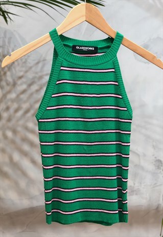 GREEN AND PINK STRIPED HALTER NECK KNIT TANK
