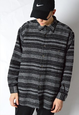 VINTAGE 90S STRIPED GRUNGE THICK WOOL BLENG LONG SHIRT