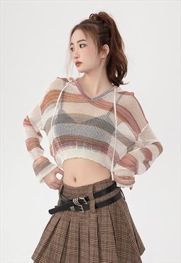 Transparent hooded sweater sheer knitted stripe jumper cream