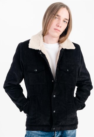 SHEARLING COLLAR CORD JACKET IN BLACK WITH POCKETS