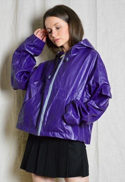 Vintage 90s Purple Crinkled Faux Leather Hooded Cargo Jacket