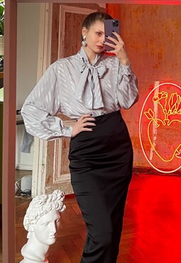 Vintage Silky Pussy Bow Blouse, Silver Satin Shirt