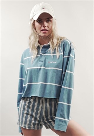 VINTAGE 90'S TOMMY HILFIGER REWORKED BLUE STRIPE POLO TOP