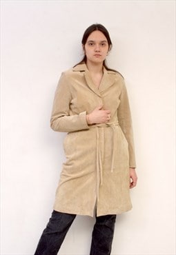 Vintage Women's 80s M Suede Leather Jacket Long Coat Beige