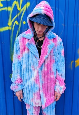 Tie-dye fleece jacket handmade 2 in 1 fluffy coat pink blue