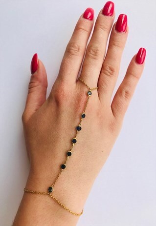 VINTAGE GOLD CHAIN FINGER BRACELET WITH DARK BLUE CRYSTALS