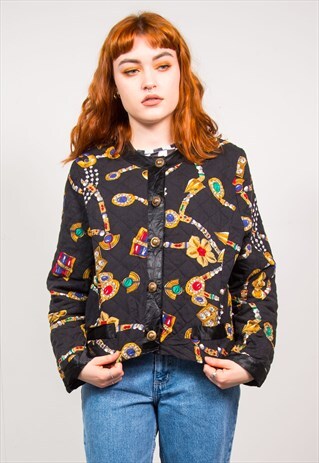 VINTAGE 90'S BLACK BAROQUE JEWEL PRINT COLLARLESS JACKET