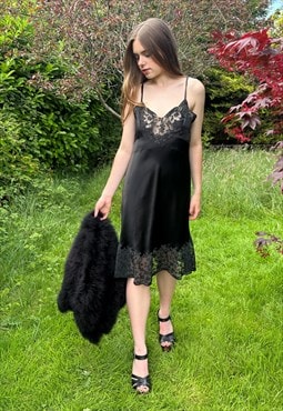 40's Vintage Black Satin Lace Slip Petticoat Dress