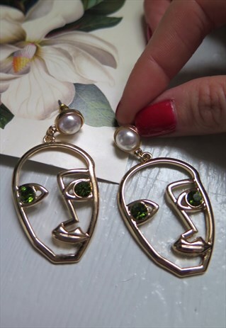 GOLD ABSTRACT ART DECO JEWELLED FACE EARRINGS