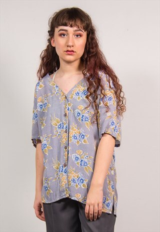 VINTAGE 90'S GREY FLORAL PATTERN SHIRT BLOUSE