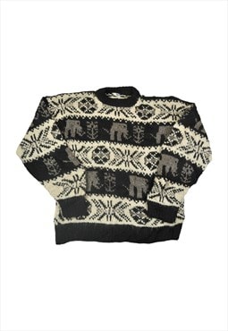 Vintage Knitwear Wool Sweater Scandi Elephant Pattern Large