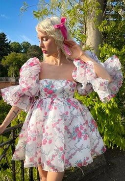 White and Pink Floral Puff Dress Sizes 4-24 Plus