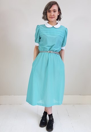VINTAGE 80'S PEPPERMINT GREEN POLKA DOT DRESS W/ POCKETS