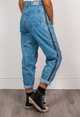 90'S VINTAGE BLUE DENIM HIGH WAIST EMBROIDERED MOM JEANS