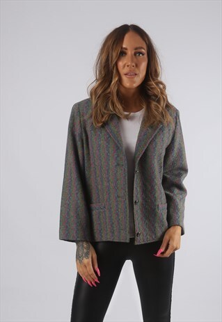 VINTAGE WOOL BLAZER JACKET PATTERNED UK L 14 (H4A)