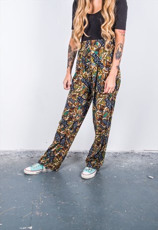 VINTAGE HIGH-WAISTED GREEN AND BROWN PATTERNED TROUSERS