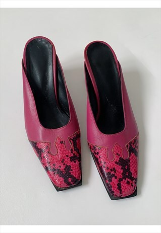 VINTAGE 90S SNAKESKIN SQUARE TIE SLIP ON KITTEN HEEL MULES