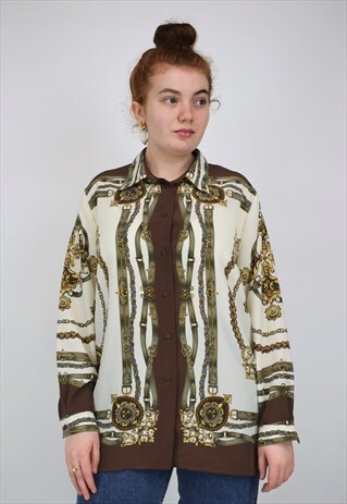 VINTAGE CREAM & BROWN CHAIN PRINTED BLOUSE