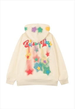 Star print hoodie psychedelic pullover rainbow top in cream
