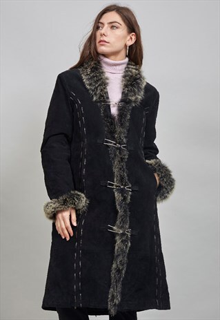 VINTAGE 80'S BLACK FUR DETAILED SUEDE COAT