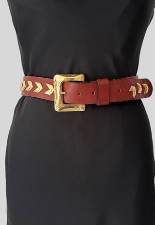 Aura Prisco 80's Vintage Belt Brown Leather Gold Buckle  