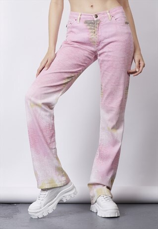 VINTAGE Y2K CAVALLI PINK/YELLOW HONEYCOMB STRAIGHT LEG JEANS