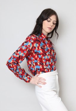 70's Vintage Ladies Red Blue Abstract Blouse Dagger Collar