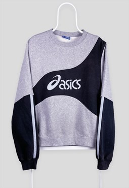 Vintage Reworked Asics Sweatshirt Spell Out Grey Blue Medium