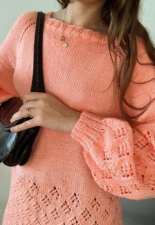 VINTAGE 80S BARBIE PINK CHUNKY BOHO KNIT LONG JUMPER SLOUCHY