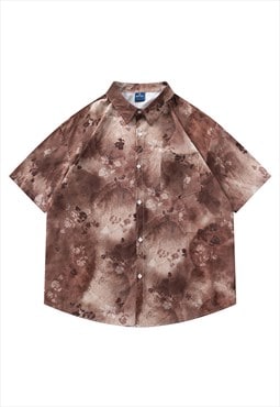 Floral grunge shirt short sleeve roses blouse acid top brown