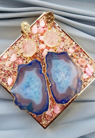 'HOLD ON' ROSE QUARTZ BLUE AGATE GEMSTONE STATEMENT EARRINGS