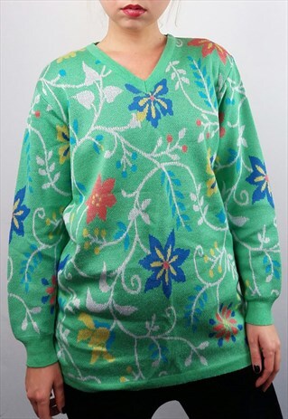 VINTAGE FLORAL PRINT V-NECK JUMPER / KNIT PULLOVER