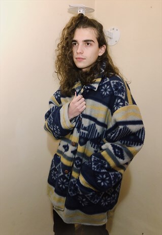 90S VINTAGE FLEECE ETHNIC PATTERNED COAT