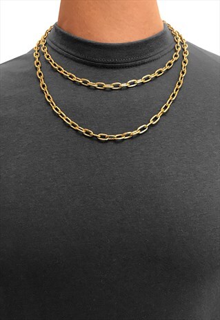 LAYER CHUNKY OPEN OVAL STEEL CURB NECKLACE CHAIN - GOLD